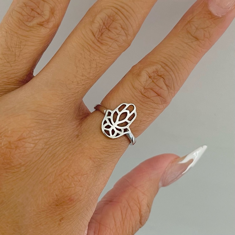 Sterling silver hamsa hand with lotus flower ring, hamsa hand ring, lotus ring